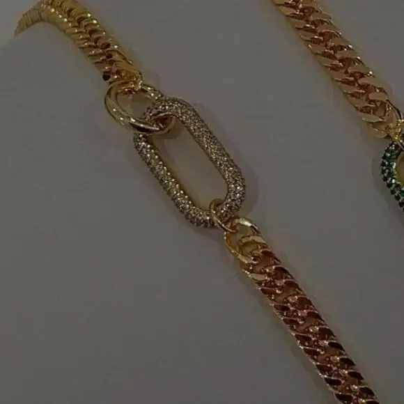 Gold Zircon Rectangular Charm Necklace Chain Link - Picture 11 of 11